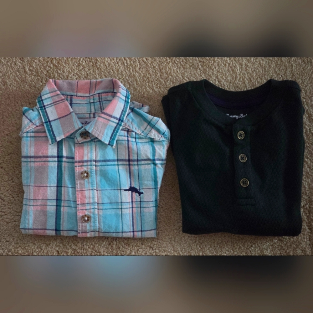 Tommy Bahama 2 Shirts 4 Toddler XS Green & Plaid Tropical Short Sleeve Button Up